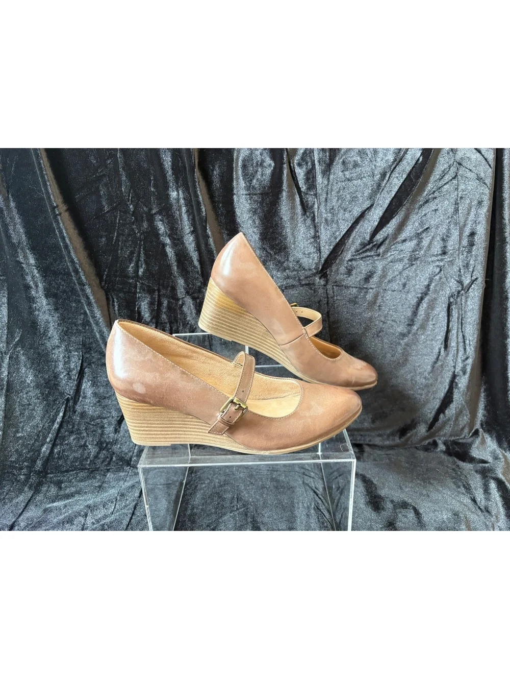 Women's Brown Leather Mary Jane Wedge Heels by Soul with Adjustable Strap